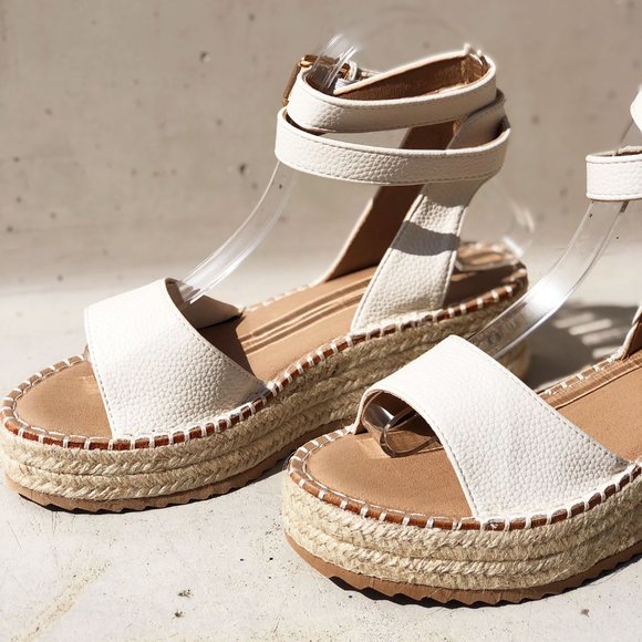 NEW Off White Ivory Ankle Wrap Lace Up Buckle Platform Espadrille Sandals Shoes - Picture 4 of 15